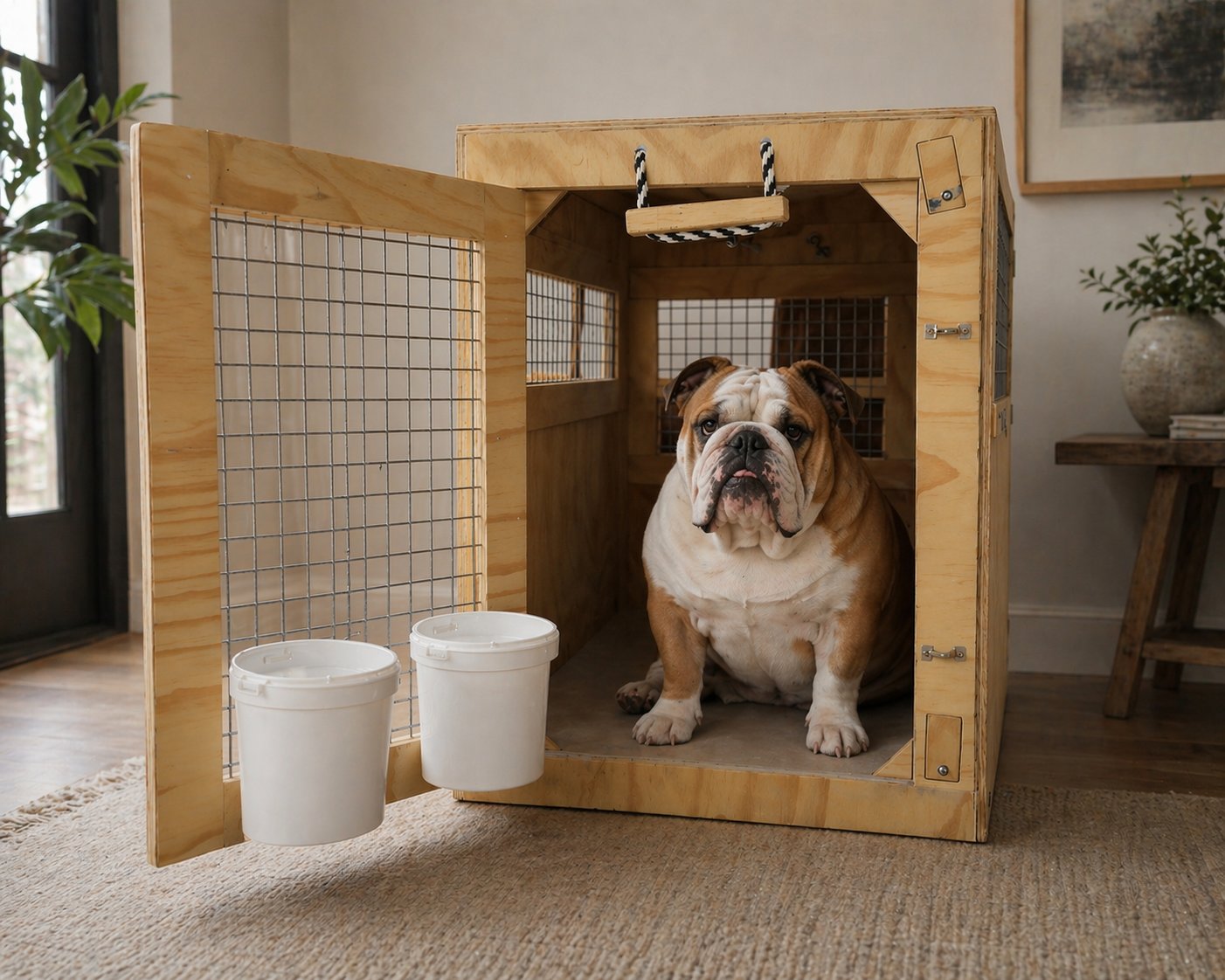 Bulldog sitting inside a wooden crate