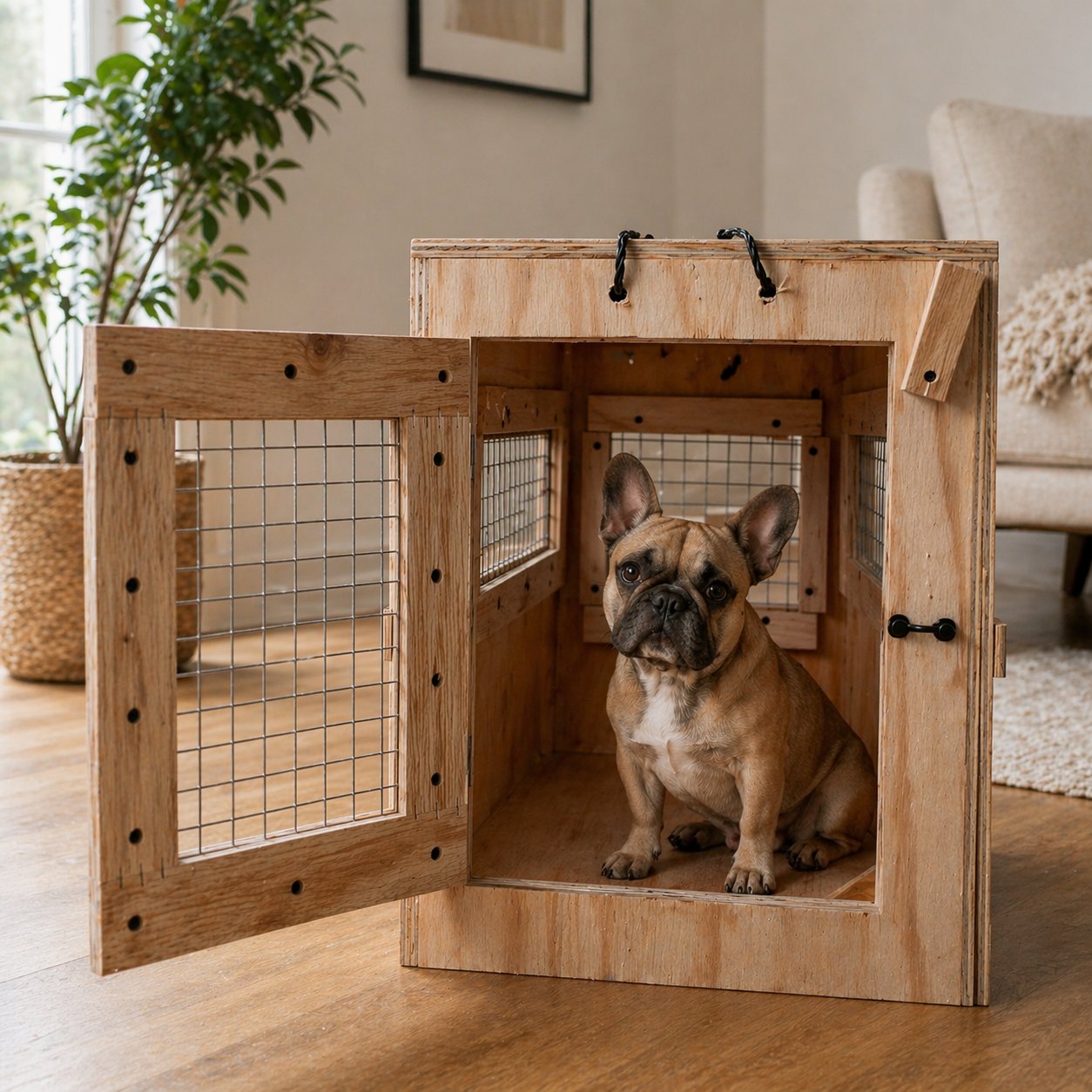 Brown French Bulldog in a crate