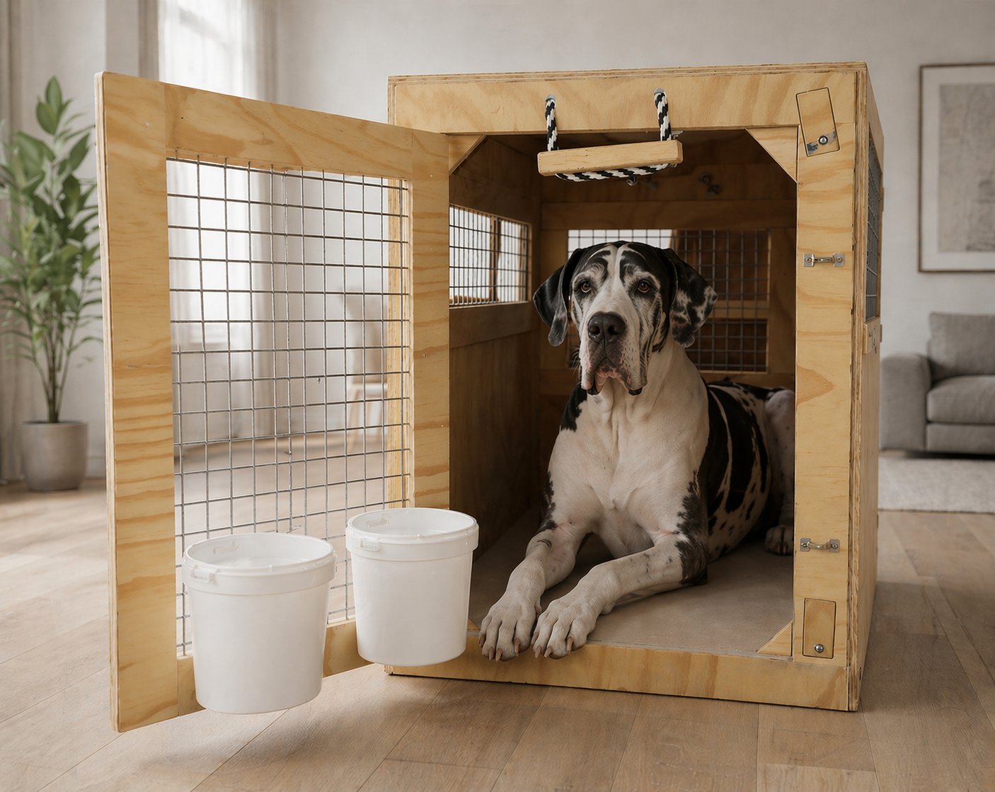 Large dog resting inside a wooden crate