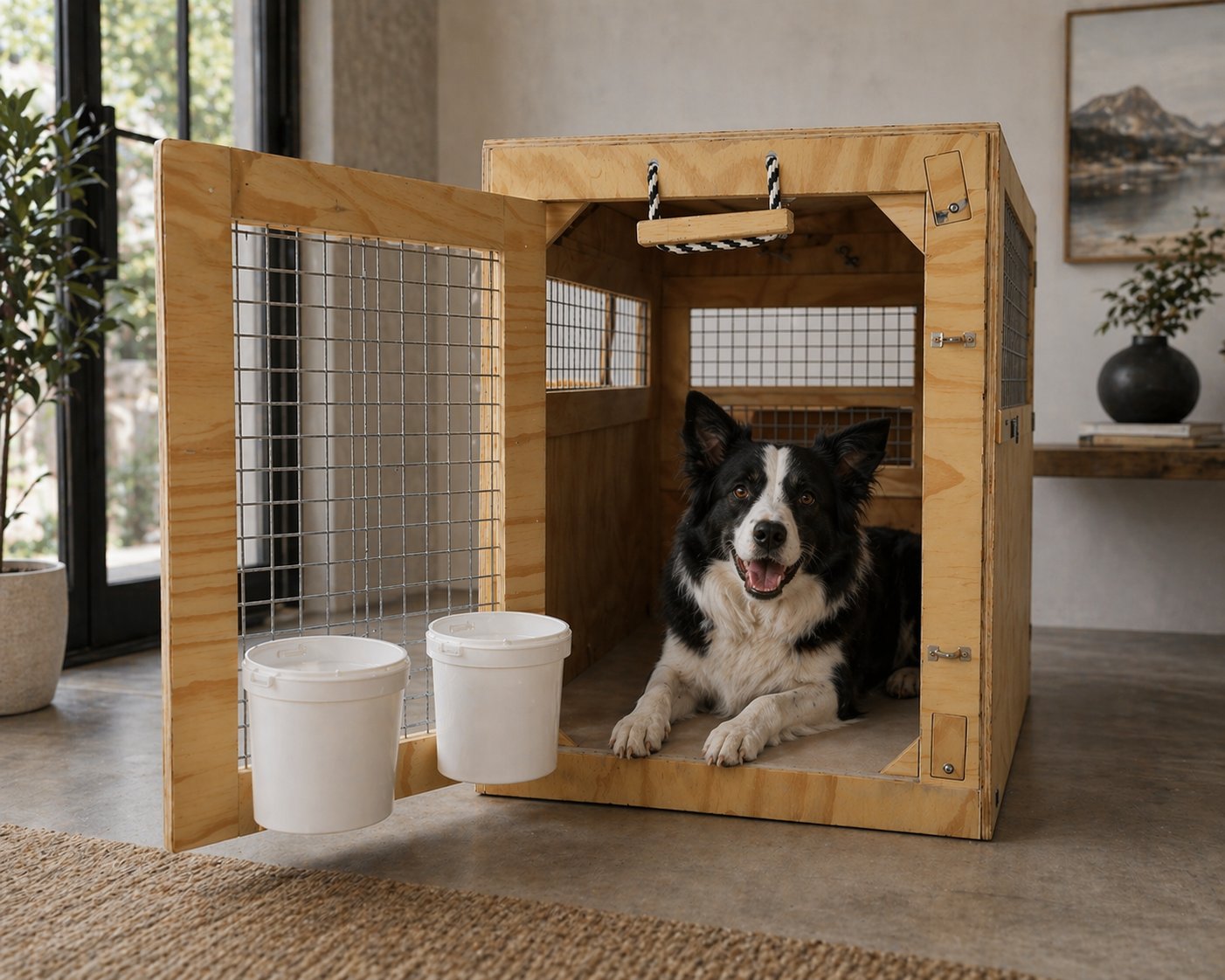 Black and white dog inside a wooden crate with white food and water bowls positioned outside the entrance