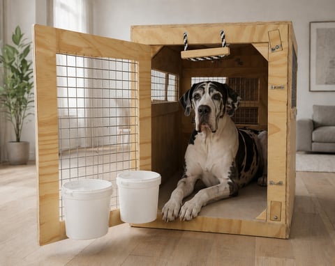 Large dog resting inside a wooden crate