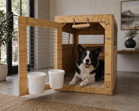 Black and white dog inside a wooden crate with white food and water bowls positioned outside the entrance
