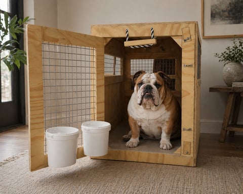 Bulldog sitting inside a wooden crate
