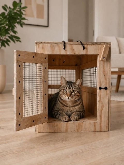 Tabby cat sitting inside an open wooden crate with mesh panels on a light hardwood floor