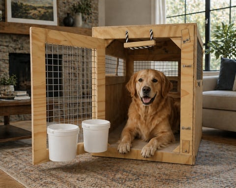 Golden Retriever inside a wooden crate