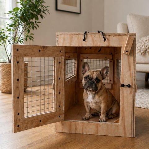 Brown French Bulldog in a crate