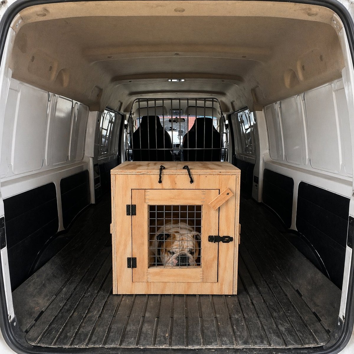 Interior of white cargo van with wooden dog crate in center and metal barrier behind cab