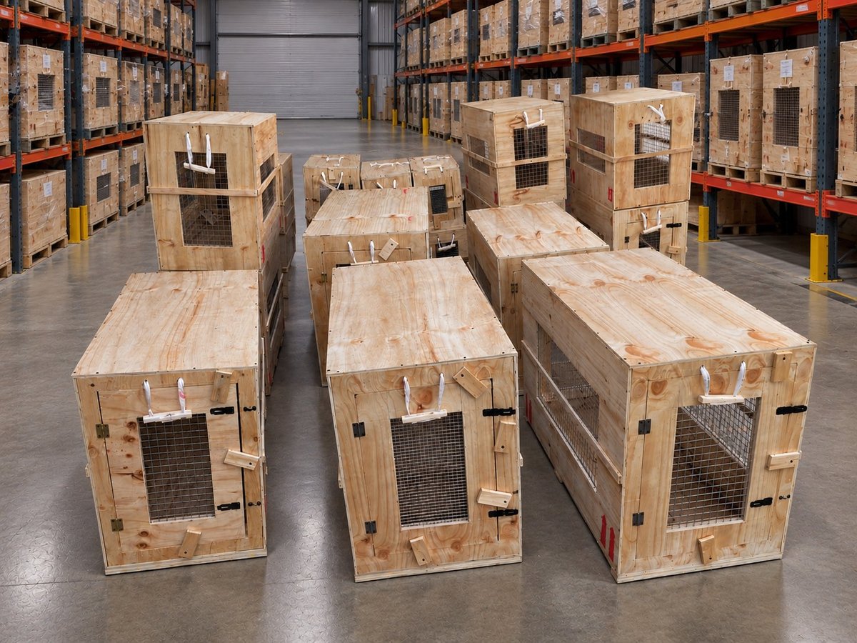 Large wooden animal transport crates lined up in a warehouse with shelving and cardboard boxes in the background