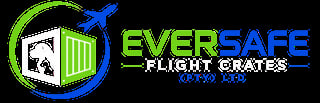 Eversafe Flight Crates logo with green container, airplane silhouette, and blue accents on black background